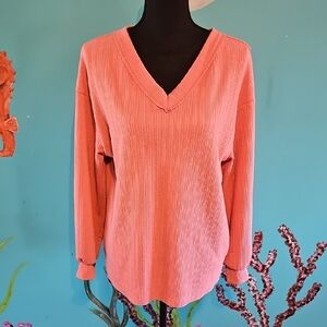 Women's V-Neck Ribbed Top - Coral